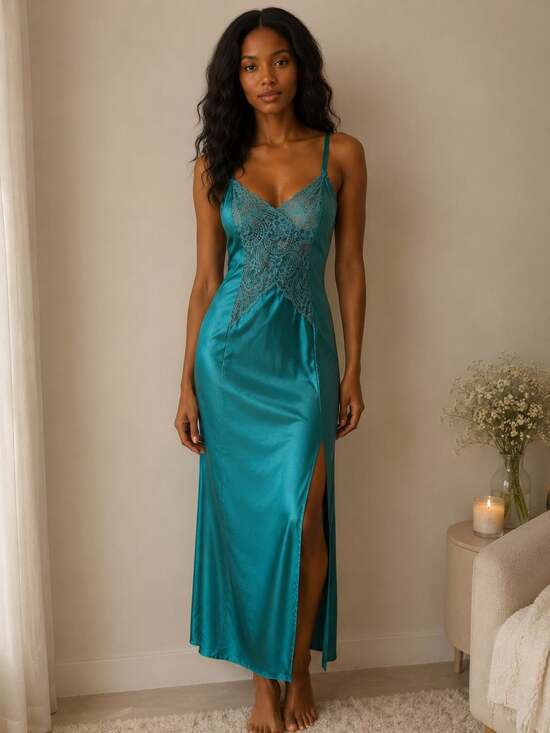 Victoria's Secret Other - Vintage Victoria's Secret Gold Label Emerald Satin Lace Slip Nightgown M Maxi